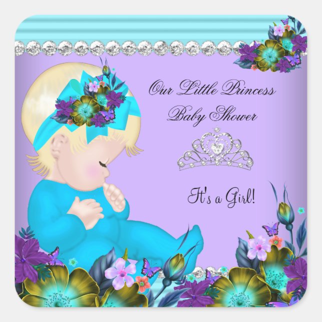 Sticker Carré Mignonne fille Baby shower Turquoise Bleu pourpre  (Devant)