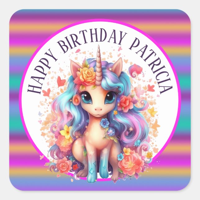 Sticker Carré mignonne filles Joyeux Anniversaire licorne (Devant)