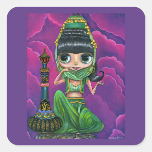 Sticker Carré Mignonne Green Genie Girl Big Eyes Poupée Bouteill