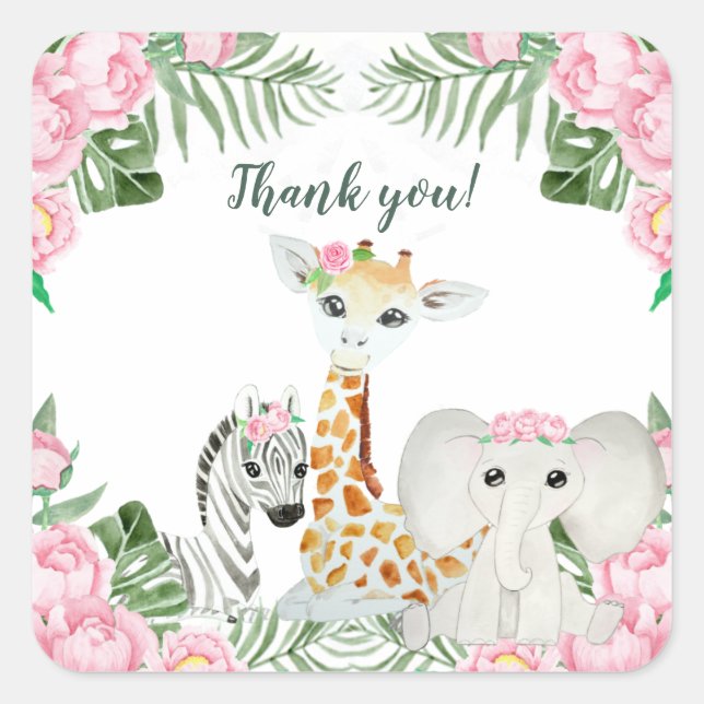 Sticker Carré Mignonne Jungle Animaux Bébé Fille Douche Favorise (Devant)