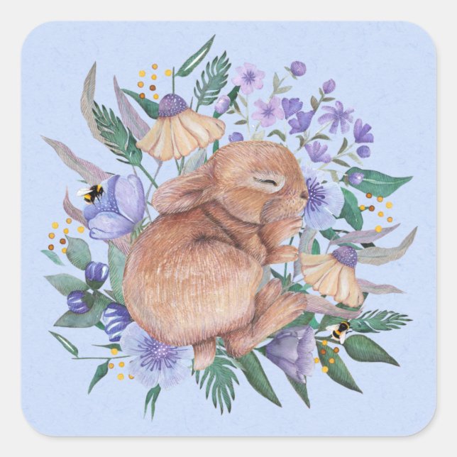 Sticker Carré Mignonne lapin de Pâques Florales violettes servie (Devant)