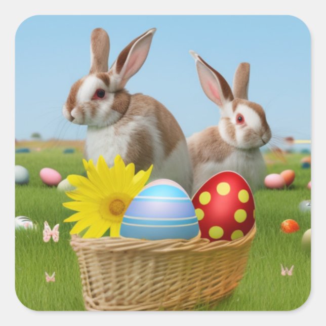 Sticker Carré Mignonne lapin de Pâques pour une humeur positive (Devant)