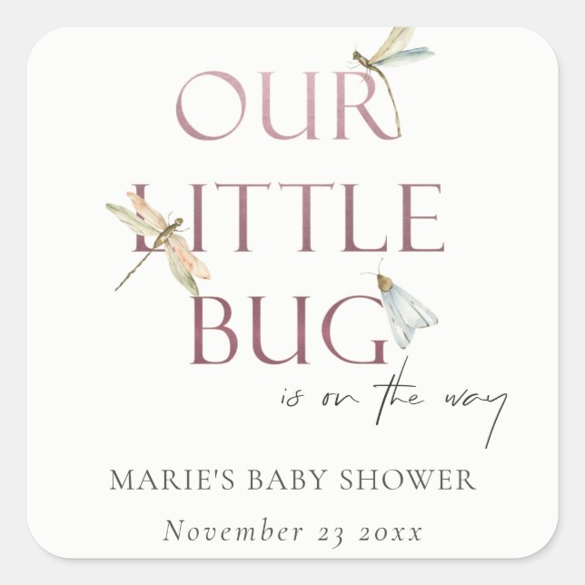 Sticker Carré Mignonne notre petit Baby shower de libellules ros (Devant)