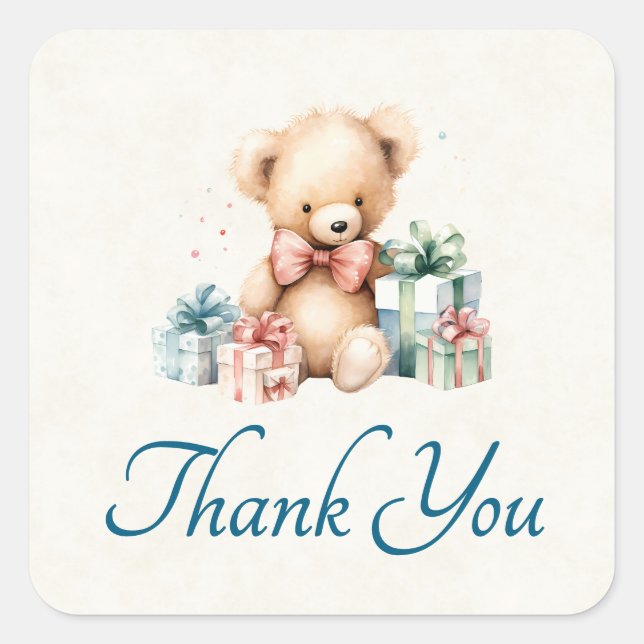 Sticker Carré Mignonne ours en peluche avec Noël présente Merci (Devant)