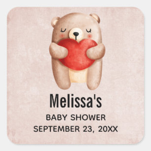 Sticker Carré Mignonne ours en peluche portant un coeur rouge Éc