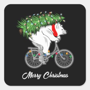 Sticker Carré Mignonne Ours Portant Un Cadeau Arbre De Noël Pour