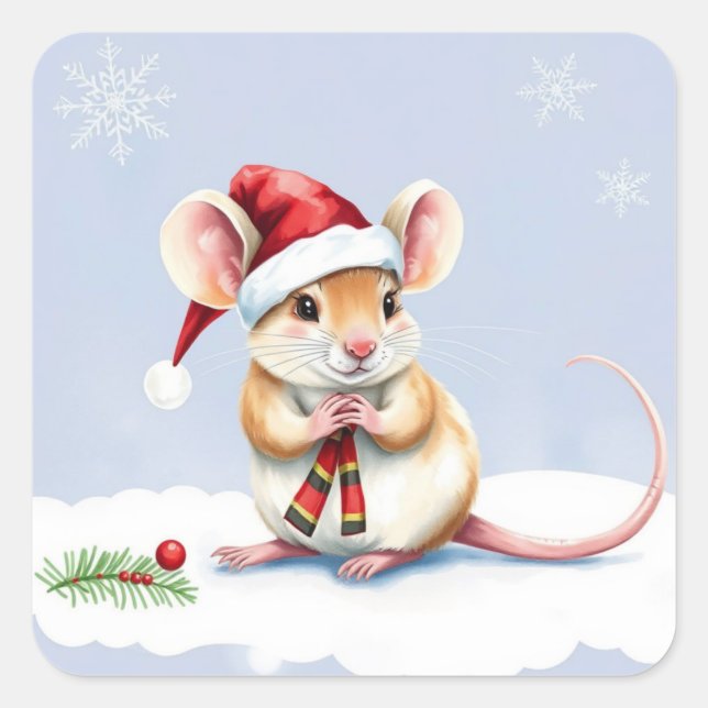 Sticker Carré Mignonne Petite Souris de vacances Noël (Devant)