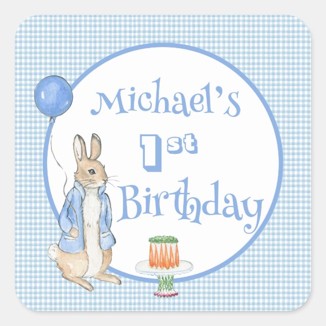 Sticker Carré Mignonne Rabbit Bleu Un Premier Anniversaire (Devant)