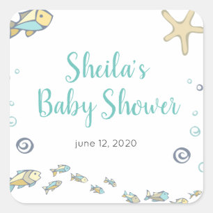 Sticker Carré Mignonne Sous Le Baby shower À Thème Mer Océan