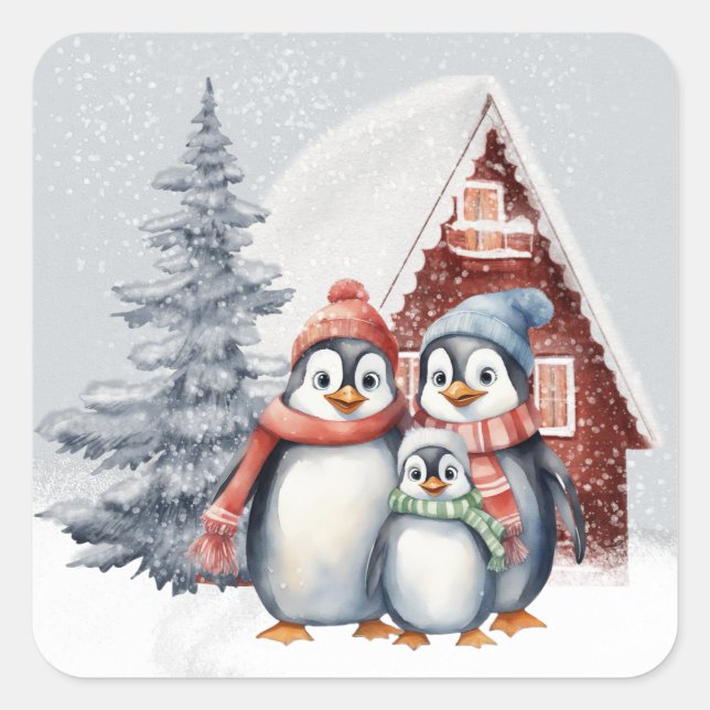 Sticker Carré Mignons Manchots de Noël Famille Fêtes (Devant)