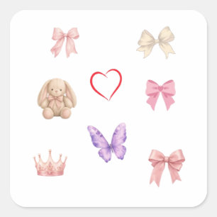 Sticker Carré Mignons Nœuds Pastel Kawaii Lapin Papillon Cœur Co