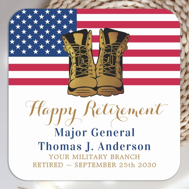 Sticker Carré Militaire USA American Flag Boots Retirement Party (Créateur téléchargé)