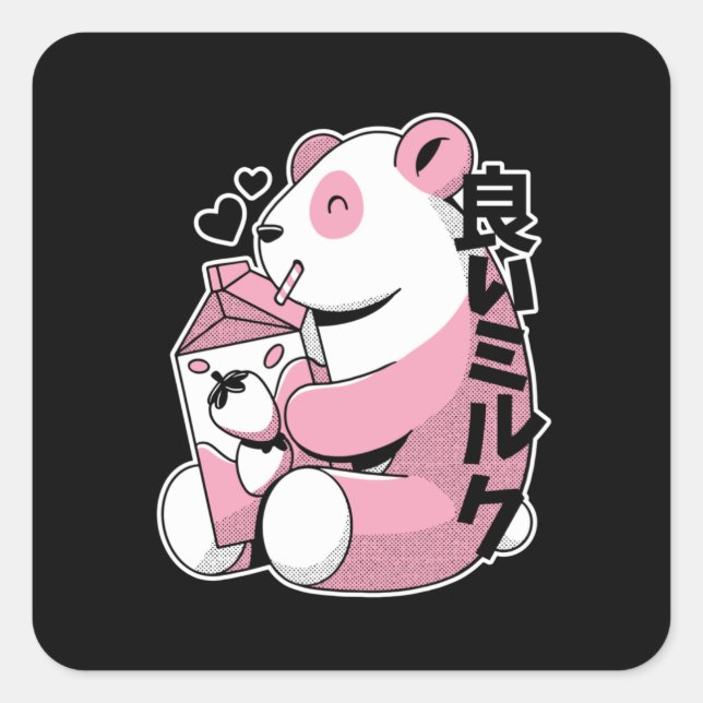 Sticker Carré Milkshake aux fraises mignonnes Kawaii Panda (Devant)