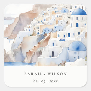 Sticker Carré Minimal chic Santorini Grèce Mariage aquarelle