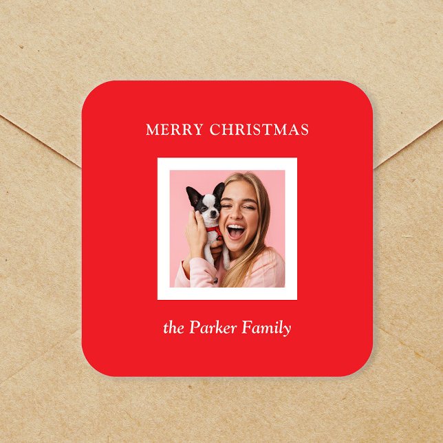 Sticker Carré Minimalist Modern Christmas Red with Photo (Créateur téléchargé)