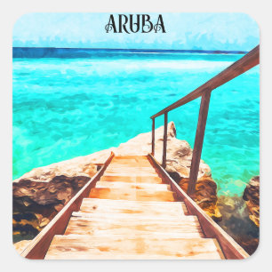 Sticker Carré Minimaliste Aruba Caraïbes Vacances tropicales