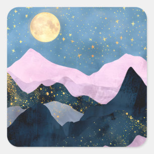 Sticker Carré Minimaliste Lune Étoiles Céleste Montagne Vallée