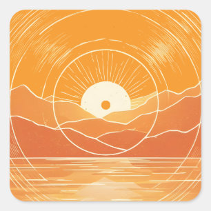 Sticker Carré Minimaliste Zen Montagne Océan Rétro Coucher de so