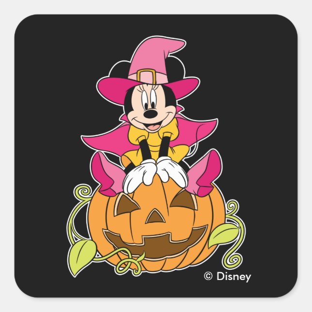 Sticker Carré Minnie Souris assise sur Jack-O-Lantern (Devant)