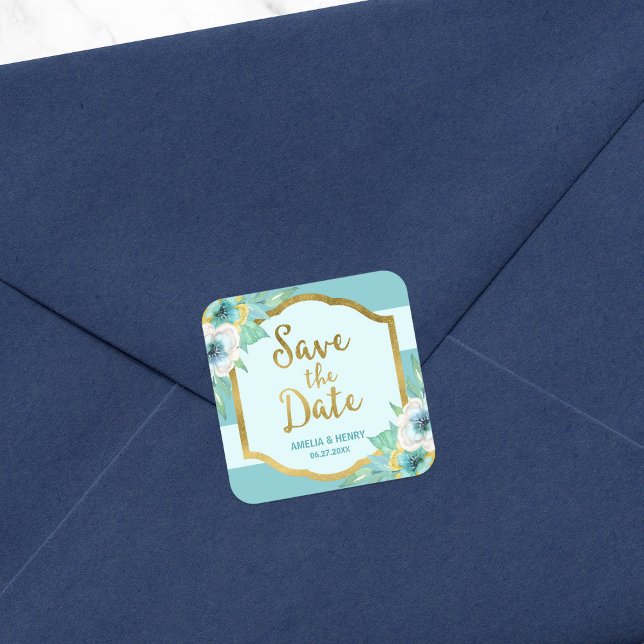 Sticker Carré Mint et Faux Gold Floral Enregistrer la date (Créateur téléchargé)