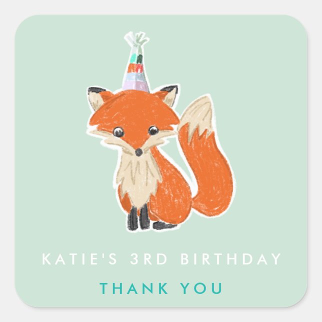 Sticker Carré Mint Green Cute Fox Party Casquette Woodland Anniv (Devant)