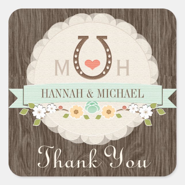 STICKER CARRÉ MINT HORSESHOE COEUR MERCI MARIAGE OCCIDENTAL (Devant)