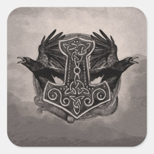 Sticker Carré Mjolnir le marteau du Thor et des corbeaux