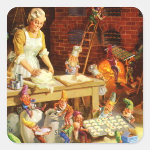 Sticker Carré Mme Claus et les elfes de Santa font des biscuits