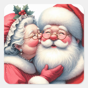 Sticker Carré Mme Clause Kissing Père Noël Cute Christmas