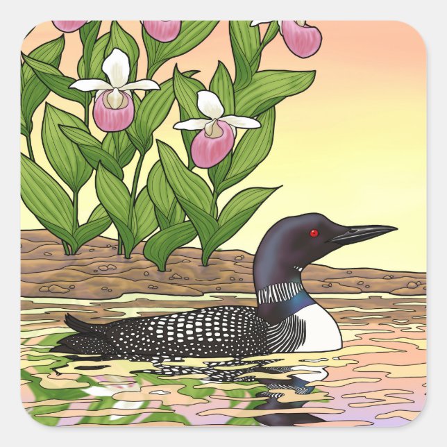 Sticker Carré MN State Bird Flower Loon Lady Slipper (Devant)