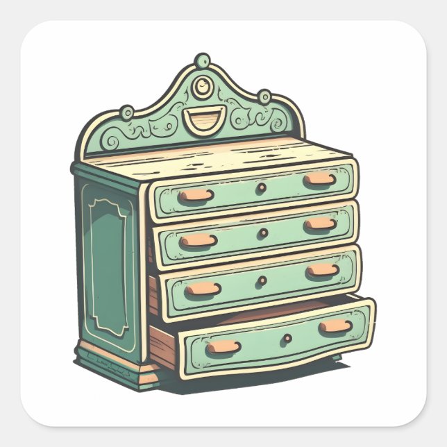Sticker Carré Mobilier Antique, Lecteur De Dresser, Style Dessin (Devant)