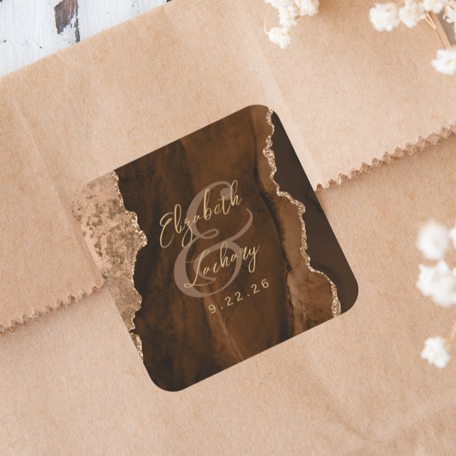 Sticker Carré Mocha Brown Gold Agate Script Wedding (Créateur téléchargé)