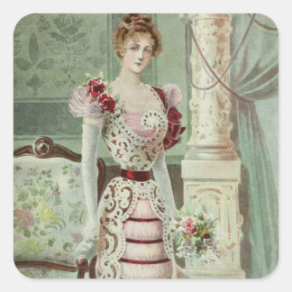 Sticker Carré Mode Vintage Victorienne - Robe Rose