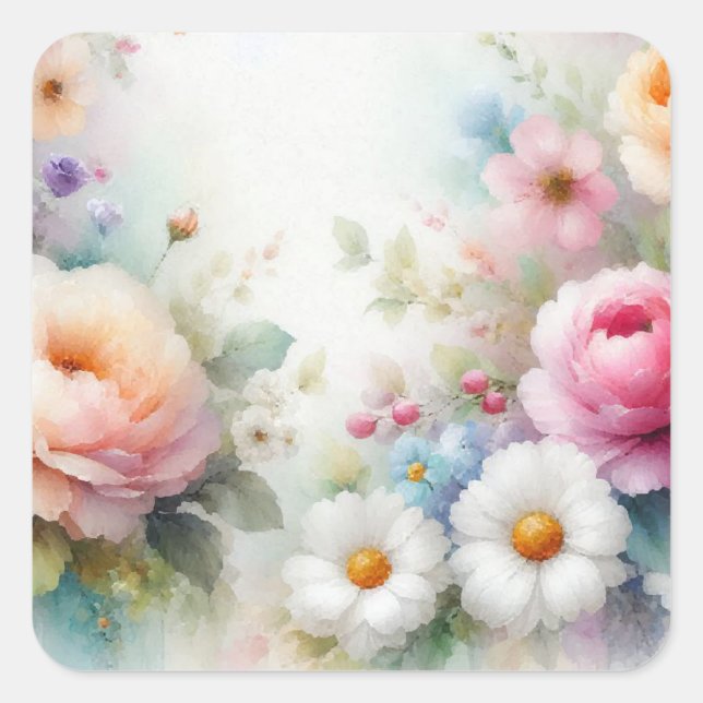 Sticker Carré Modèle vierge fleurs aquarelle Ajoutez votre texte (Devant)