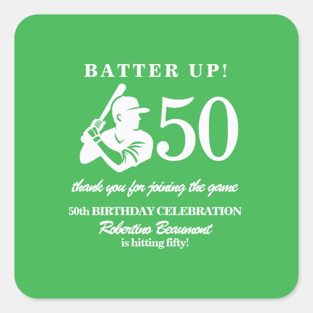 Sticker Carré Modern Baseball Player Men's 50th Birthday (Devant)
