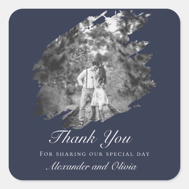 Sticker Carré Modern Brushstroke Photo Wedding Favor Navy Blue (Devant)