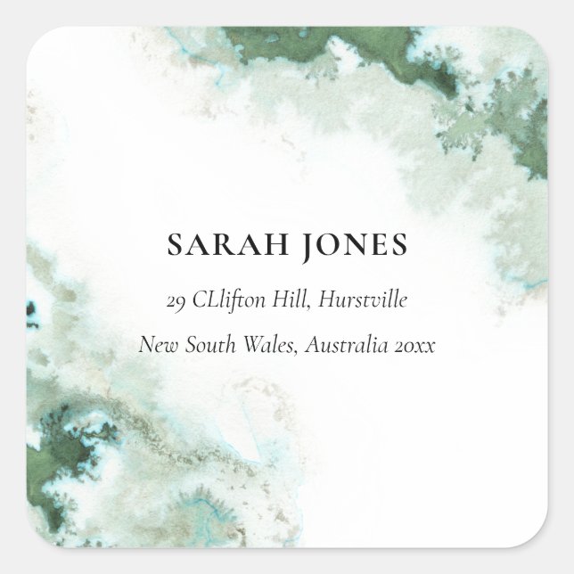 Sticker Carré Modern Emerald Green Aqua Silver Agate Adresse (Devant)