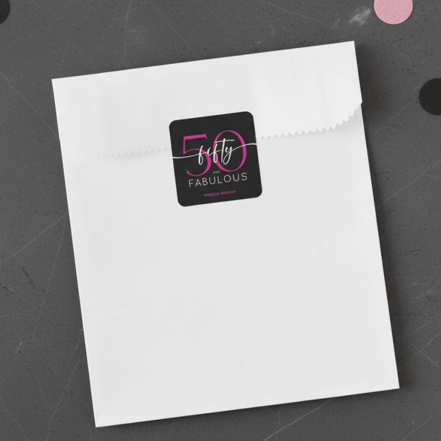 Sticker Carré Modern Minimal Pink Fifty Fabulous Script Birthday (Créateur téléchargé)