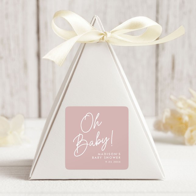 Sticker Carré Modern Oh Baby Script Dusty Baby shower Rose (Créateur téléchargé)