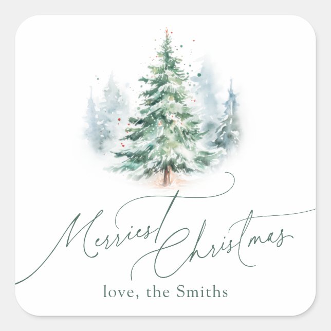Sticker Carré Modern Script Merriest Christmas Pine Tree (Devant)
