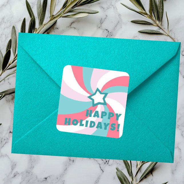 Sticker Carré Modern Swirl HAPPY HOLIDAYS CUSTOM Green Pink (Modern Swirl HAPPY HOLIDAYS CUSTOM Green Pink Square Sticker
)