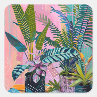 Sticker Carré Modern Tropical Plant Print – Pink and Green