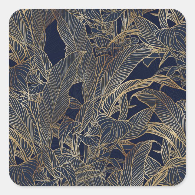 Sticker Carré Moderne Blue Gold Foliage Plante Design botanique (Devant)