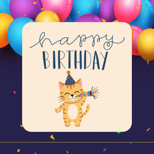 Sticker Carré Moderne Classique Simple Joyeux Anniversaire Chat