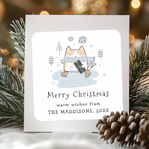 Sticker Carré Moderne Cute Kawaii Patinage Chat Vœux de Noël