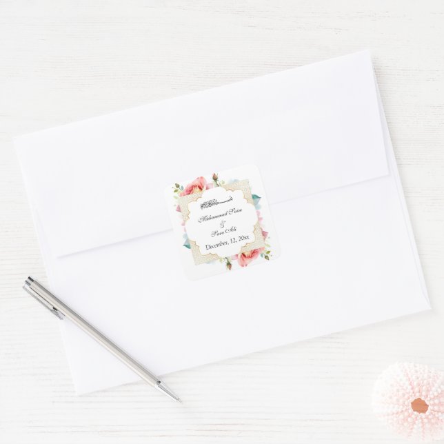 Sticker Carré Moderne Elegant rose Floral invitation musulmane (Enveloppe)
