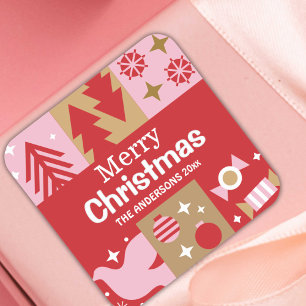 Sticker Carré Moderne festif mignon rouge & blanc Joyeux Noël
