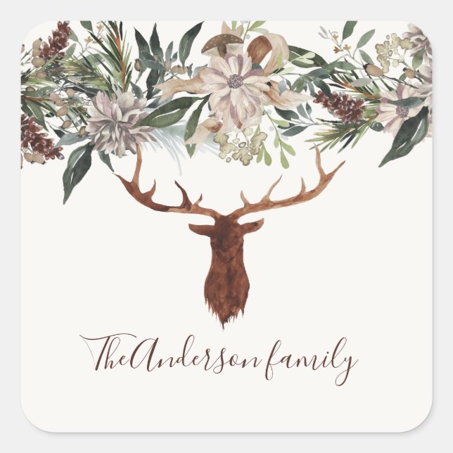 Sticker Carré Moderne feuillage fleuri rustique vacances de cerf (Devant)