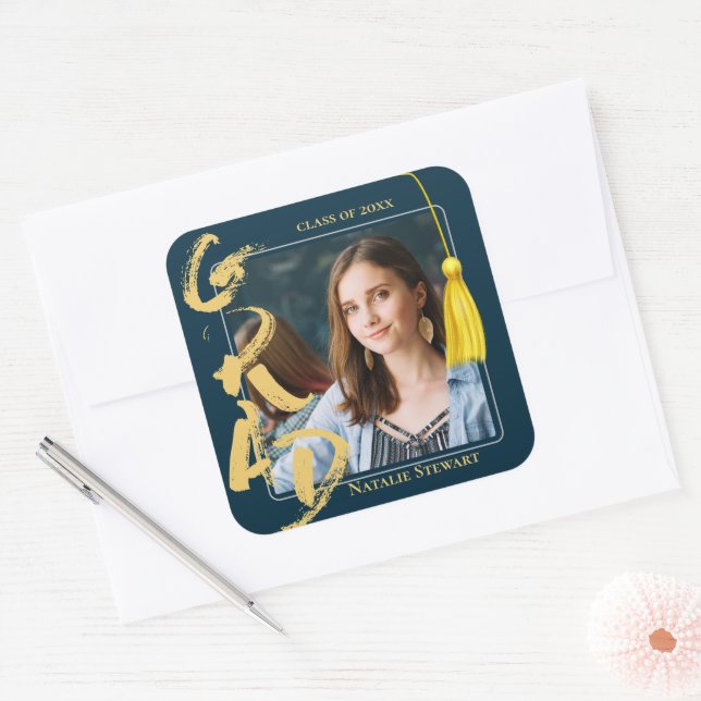 Sticker Carré Moderne Gras Police Photo Graduation Tassel (Enveloppe)
