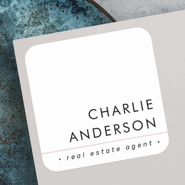 Sticker Carré Moderne minimaliste rose saumon clair ligne blanc  (Modern minimal blush pink line white professional square sticker)